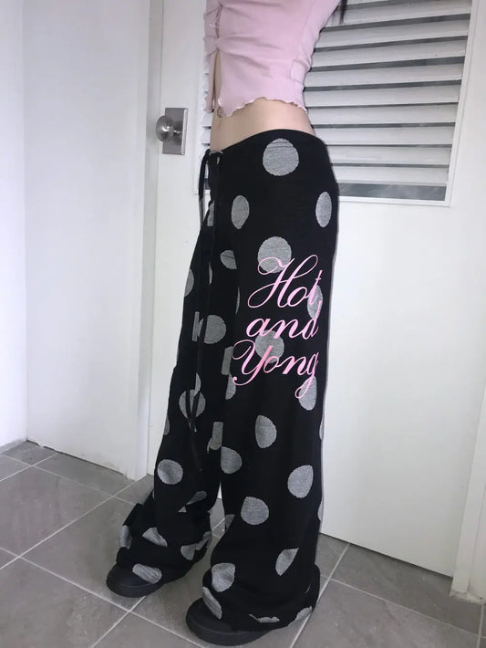 Chic Dollette 2026 new retro Y2K versatile polka dot letter drawstring wide leg pants casual and simple street trend niche fashion personality