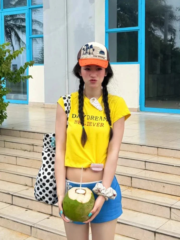 Chic Dollette Slim Yellow Crop Tops Short Sleeve Japanses 2000s Y2k Vintage Tops Streetwear