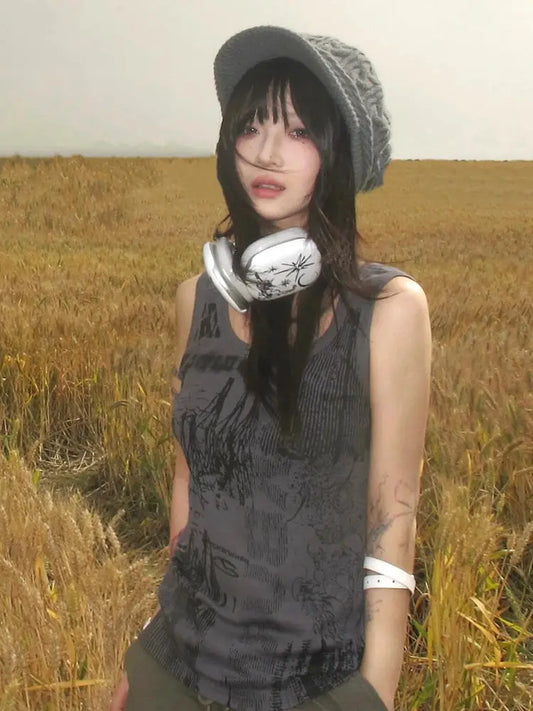 Chic Dollette Hotsweet Débardeur Imprimé Gilet Skinny Gris Col Rond Sans Manches Vêtements Années 2000 Vêtements Femme Mode Coréenne Haut Chic