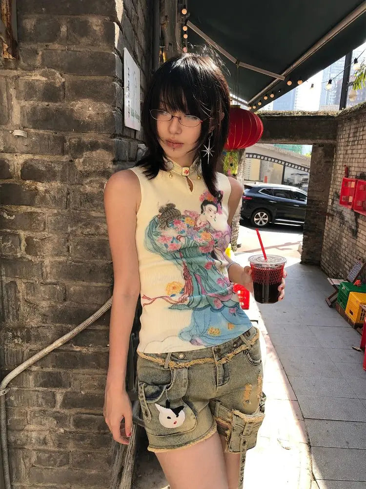 Chic Dollette Chinesischer Stil Tank Top Aushöhlen Skinny Weste 2000er Kleidung Blumenfee Druck Damen Ärmellos Koreanisches Mode Top