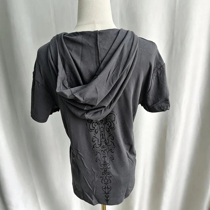 Chic Dollette T Shirts Women Hooded Printing Punk Style Short Sleeve Spring Summer Grunge Gothic Tops Ladies Y2k Aesthetic Harajuku