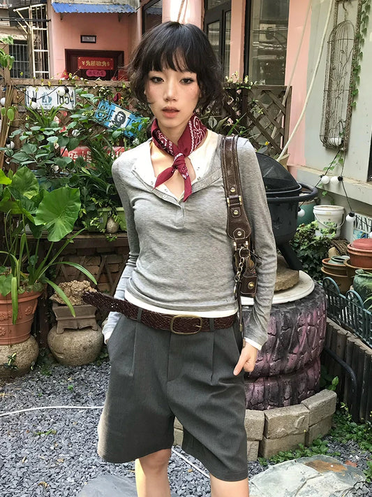 Haut à manches longues Chic Dollette japonais T-shirt patchwork fausses deux pièces style rétro américain Grunge haut T-shirt streetwear