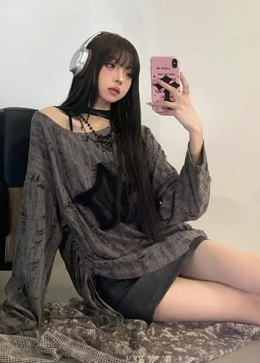 Chic Dollette Hole Star Lâche T-shirt Col Rond Cordon de serrage Creux T-shirts Mode Streetwear Kpop Pull Top T-shirts Femme 2025