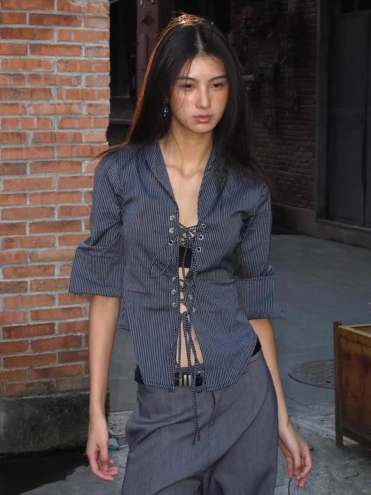 Chic Dollette Chemise à rayures demi-manches Top d'été Blouse à lacets en mousseline Mode coréenne Vintage Blouse de bureau pour femme