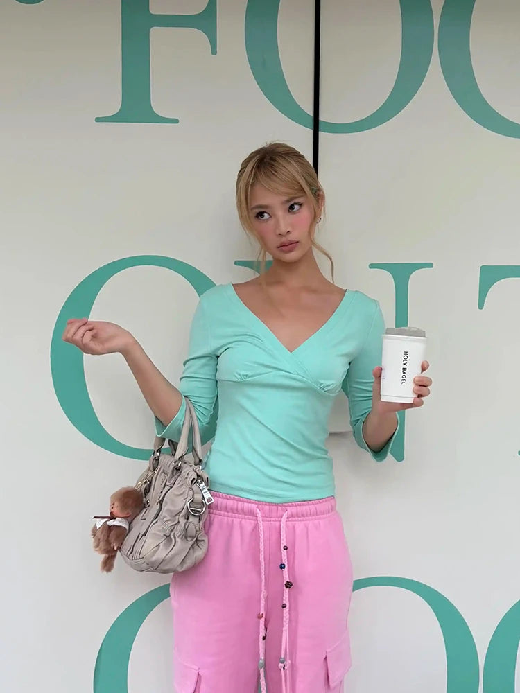 Chic Dollette Half Sleeve Green Crop Top