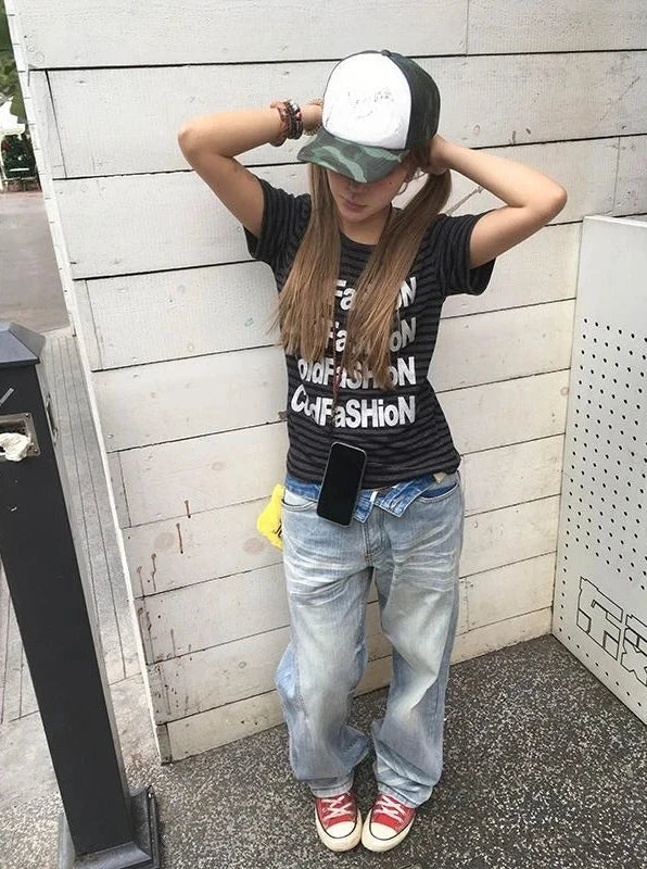 Chic Dollette Vintage T Shirts Women Short Sleeve Striped Printed Skim Grunge Gothic Y2k Aesthetic Harajuku Tops Ladies Fashion