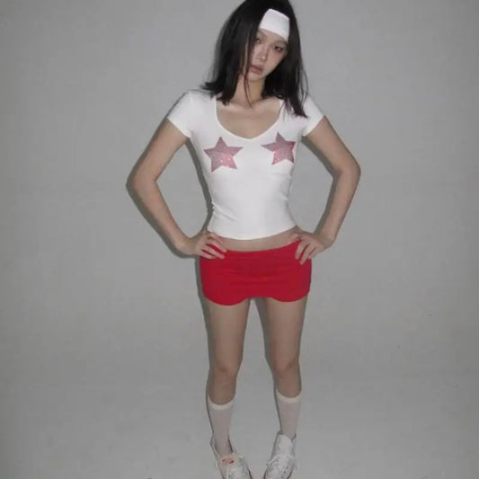 T-shirts graphiques pentagramme "Hotsweet" élégants pour femmes, vêtements des années 2000, col en V ajusté, manches courtes, hauts d'été, vêtements féminins