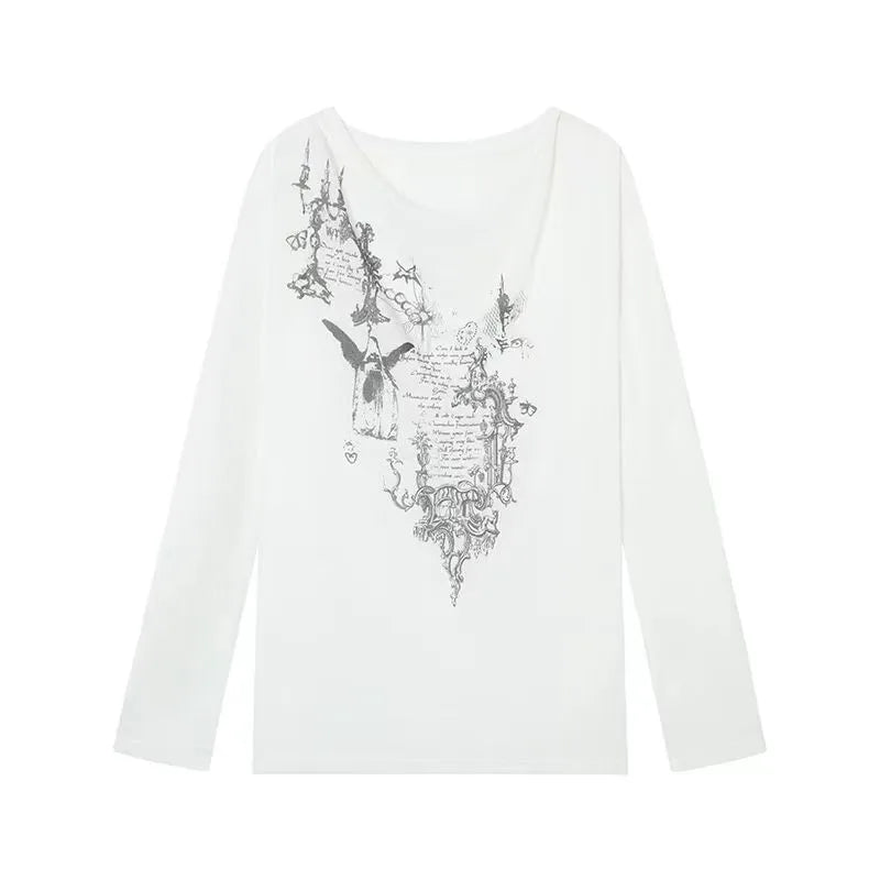 Chic Dollette Korean Fashion Grafik-T-Shirts Leicht Transparentes T-Shirt Kleidung Langarm Lockeres T-Shirt Streetwear Frühlings-Top