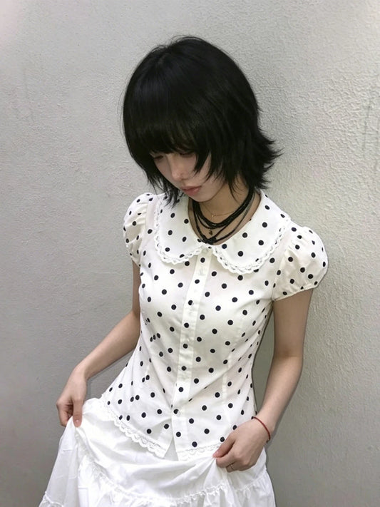 Chic Dollette Chemise japonaise Col Claudine Chemise et blouse années 2000 à pois Chemise blouse vintage Fairycore
