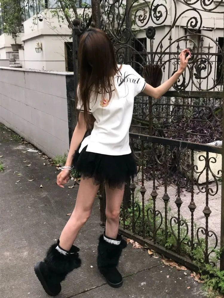 Chic Dollette T Shirts Women Vintage Turn Down Collar Embroidery Short Sleeve Fashion Y2k Aesthetic Harajuku Tops Grunge Gothic