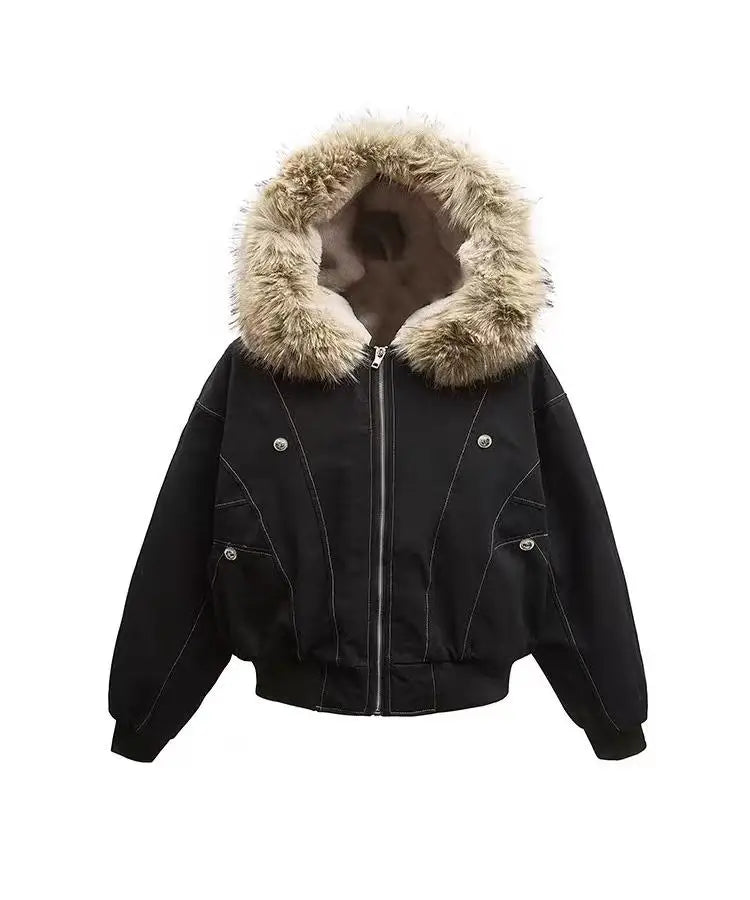 Chic Dollette Winterjacken Pelzkragen Parkas Vintage Thicken Fleece Warme Jacken Streetwear Harajuku Hip Hop Gepolsterte Chic Oberbekleidung