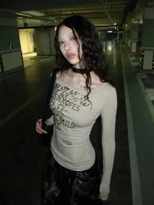 Haut d'automne Chic Dollette, T-shirts graphiques à manches longues pour femme, Vêtements Grunge Gothique années 2000, Mode coréenne, T-shirts moulants Chic