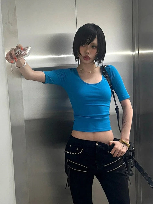 Chic Dollette Aesthetic 2000s T-shirt Women Half Sleeve Slim Crop Tops Y2k Fairycore Vintage Tops Streetwear Square Collar Tshirts