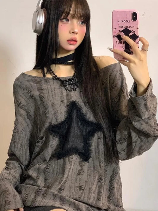 Chic Dollette Hole Star Lâche T-shirt Col Rond Cordon de serrage Creux T-shirts Mode Streetwear Kpop Pull Top T-shirts Femme 2025