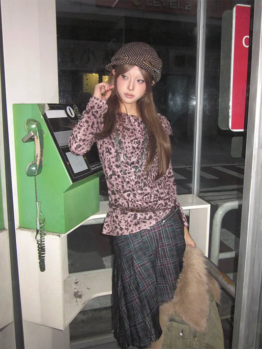 Haut de style japonais Chic Dollette, T-shirt à imprimé léopard à épaules dénudées, style grunge des années 2000, T-shirts rétro américains