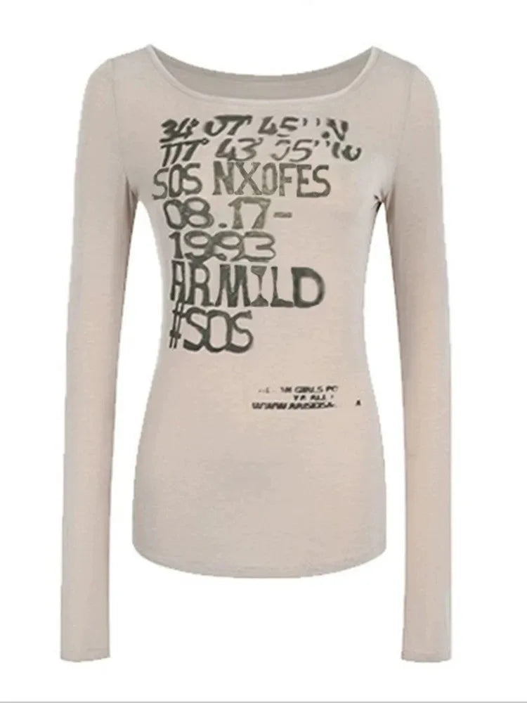 Chic Dollette Herbst Top Langarm Grafik T-Shirts Damen Kleidung Grunge Gothic 2000er Kleidung Koreanische Mode Slim Tees Chic