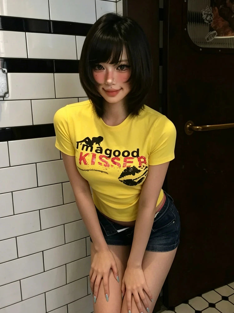 Chic Dollette Harajuku Print Graphic Tops Short Sleeve Slim Y2k Vintage Tops Japanese 2000s Women's T-shirt American Retro Crop Tops