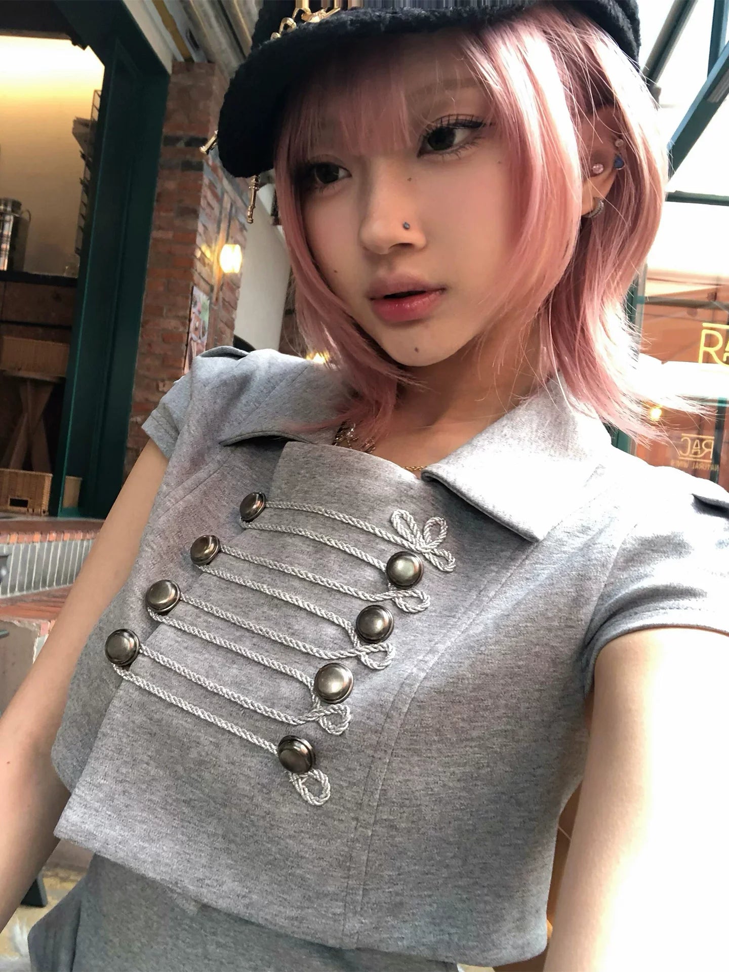 Chic Dollette American retro Y2K 2026 new Napoleon style short-sleeved lapel shirt t-shirt short-sleeved summer new women's item