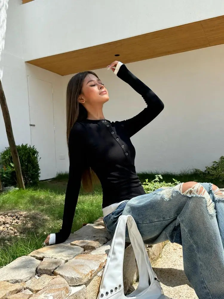 Chic Dollette Patchwork Damen T-Shirt Langarm Koreanische Mode Tees Weibliche Kleidung Frühling Herbst Top Chic Casual Kleidung