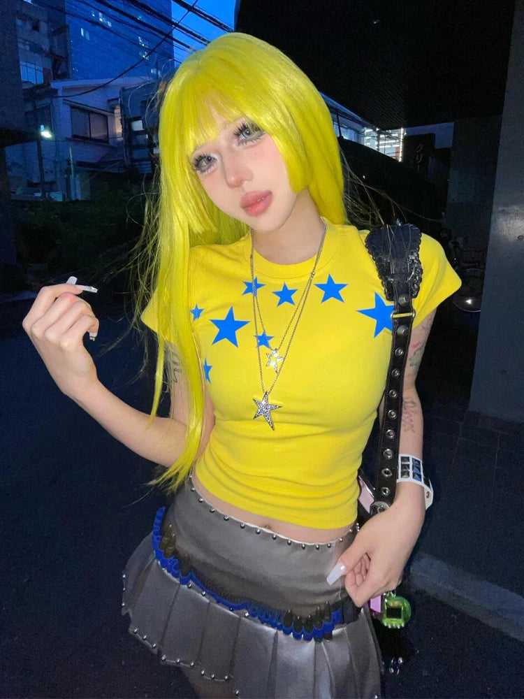 Chic Dollette Hotsweet Gelbes Sommer T-Shirt Kleidung Kurzarm Grafik-T-Shirt Damen Kleidung 2000er Jahre Kleidung Slim Chic Top