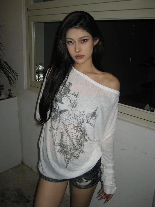 T-shirts graphiques coréens Chic Dollette légèrement transparents vêtements T-shirt à manches longues décontracté streetwear haut de printemps