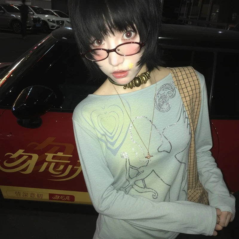 Chic Dollette T-shirt Manches Longues Tie Dye Imprimé Graphique Haut Grunge Japonais Années 2000 Haut Fairycore T-shirts E-girls