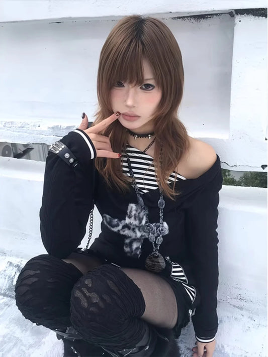 T-shirt Chic Dollette Gothique Vintage Patchwork Faux Deux Pièces Top Streetwear T-shirt Japonais Années 2000