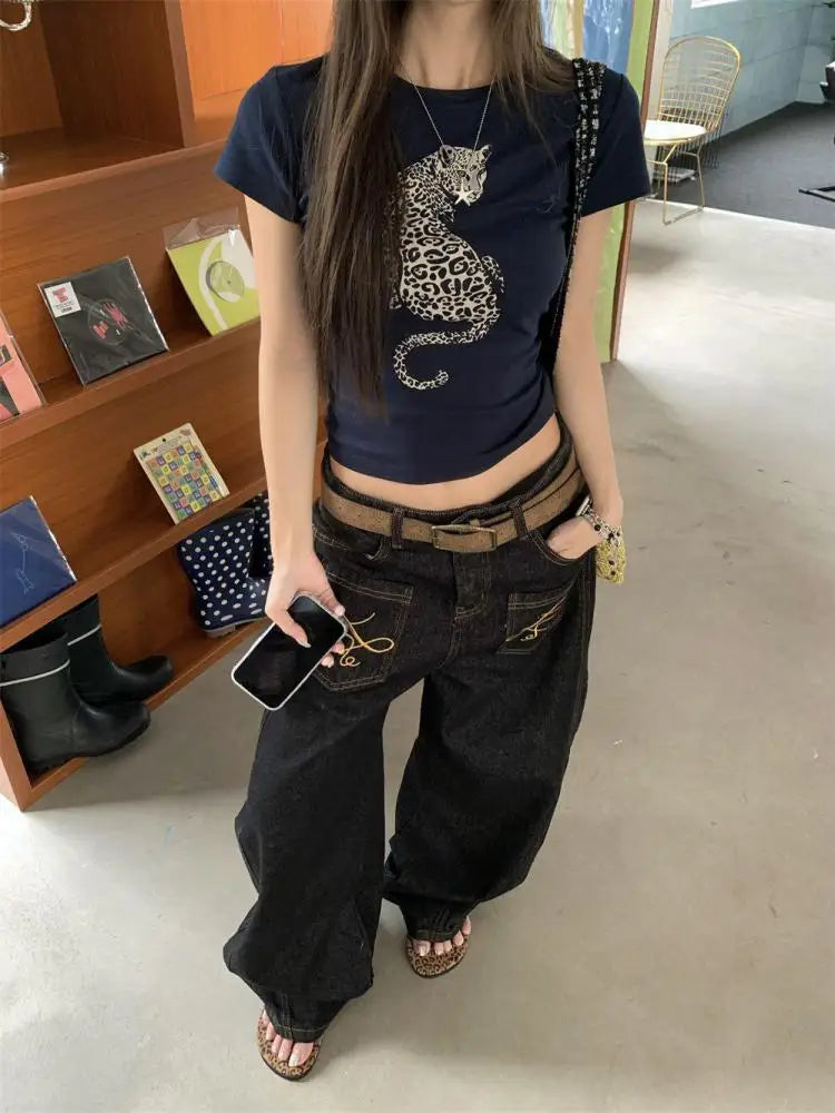 Chic Dollette Sexy Top Grafik-T-Shirts Leopard Print Kurzarm-T-Shirt O-Ausschnitt Skinny Tees 2000er Kleidung Koreanische Modekleidung