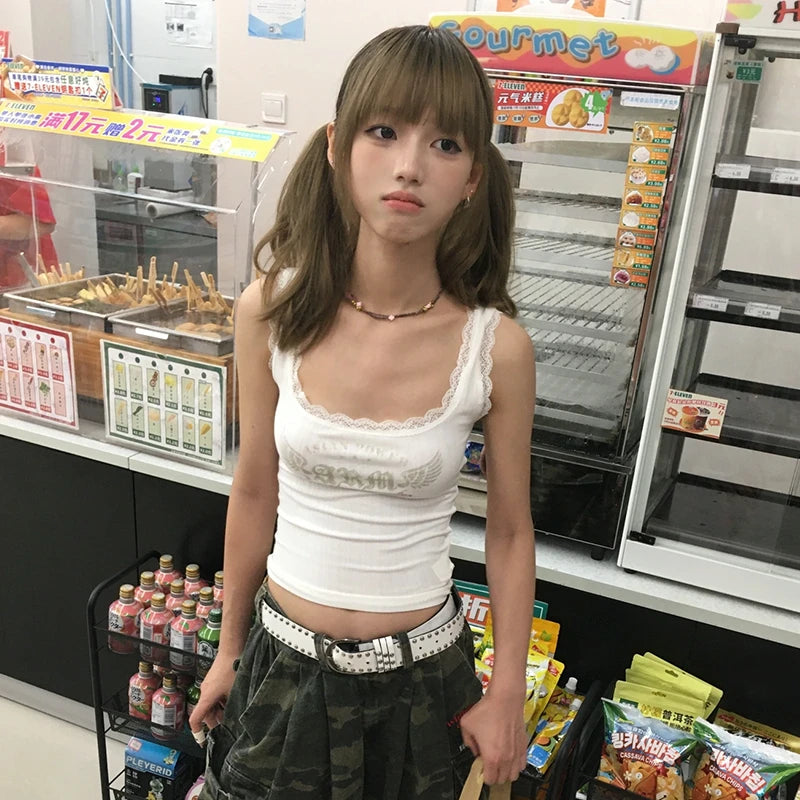 Chic Dollette Japanese Y2k Letter Print Tank Top 2000s Style Lace Patchwork Tanktop Vintage Harajuku Sleeveless Top American Retro 90s