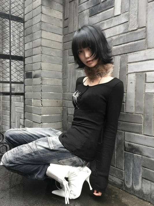 T-shirt manches longues noir imprimé graphique Chic Dollette Gothic Aestheic Top Japanese Années 2000 Tee Top E-girls Punk
