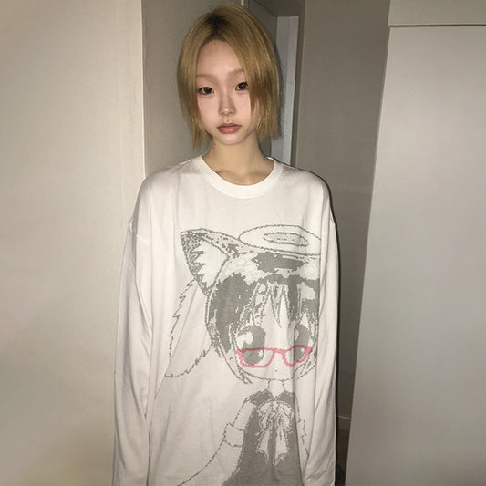 T-shirt imprimé dessin animé japonais Chic Dollette Années 2000 Style coréen Manches longues T-shirt Vintage Harajuku Cutecore Top blanc Kawaii Années 2000