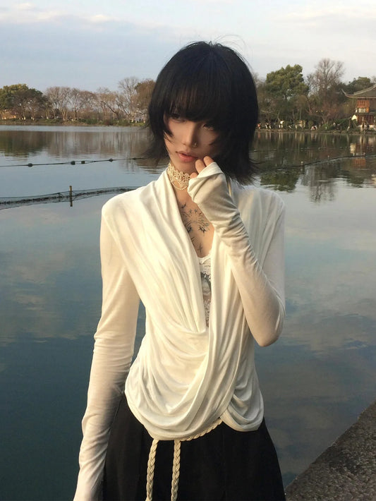 Chic Dollette T-shirt Fairycore en dentelle Patchwork Faux deux pièces Top Japonais années 2000 Col asymétrique T-shirt E-girls