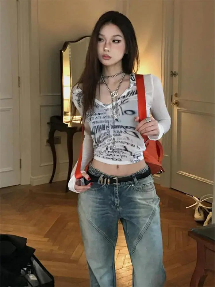 Chic Dollette Vintage T-Shirt Skinny Mesh Top Streetwear Funny T-Shirts Grunge Crop Top Japanische 2000er Jahre Tee Top