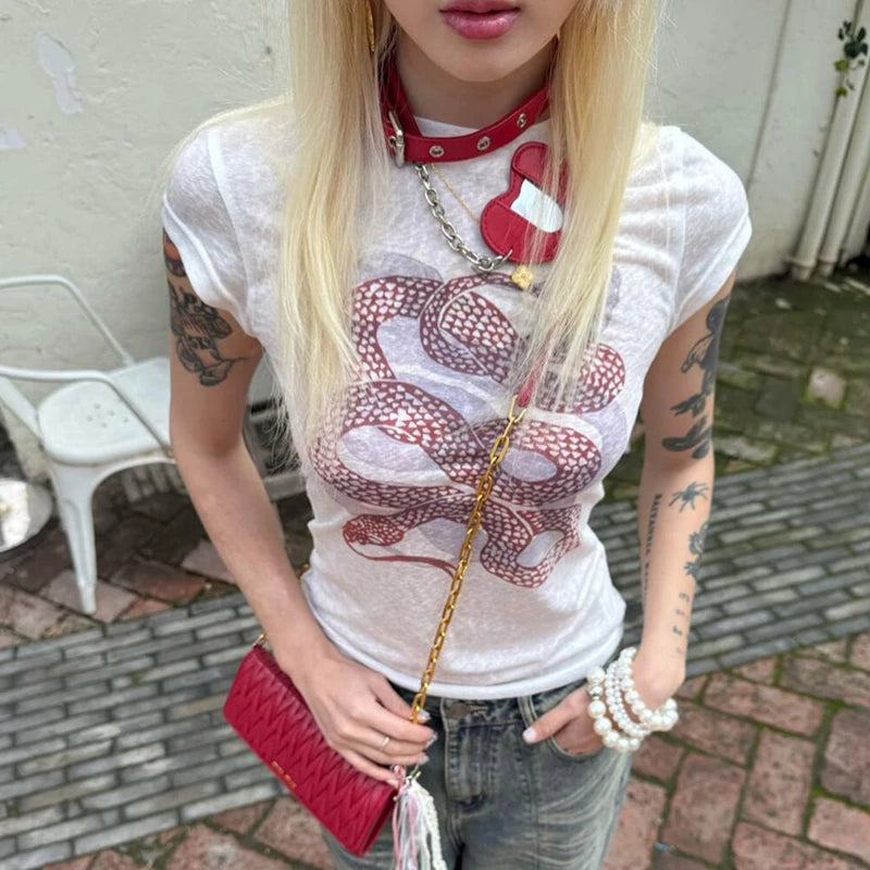 Chic Dollette 2000er T-Shirt Kurzarm Slim Print Graphic Top Vintage Grunge Top Streetwear American Retro