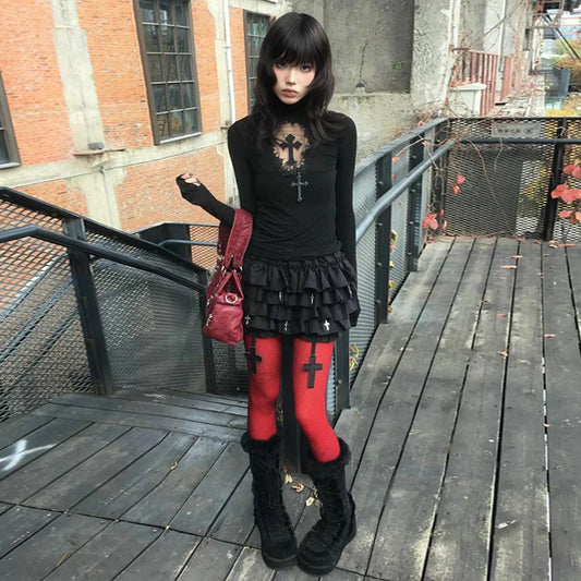 Haut court Chic Dollette Gothique T-shirt évidé patchwork vintage streetwear American Retro Grunge