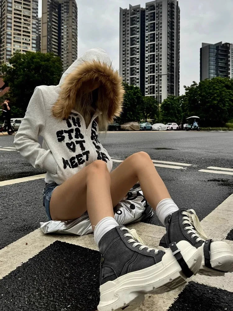 Chic Dollette Coréen Mode Sweat-shirts Harajuku Gothique Imprimé Manteaux Vestes Sous-culture Vintage Fausse Fourrure Capuche Décontracté Vêtements
