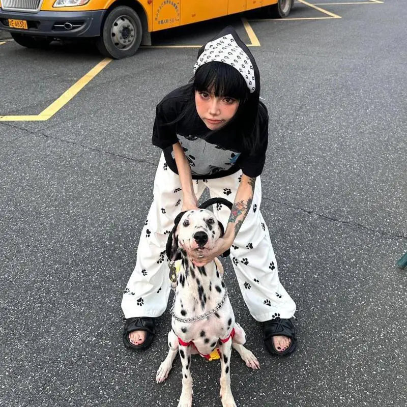 Chic Dollette Streetwear Lässiges Top Print Hunde T-Shirt Loose O-Ausschnitt Kurzarm-T-Shirt 2000er Kleidung Koreanische Mode Damenbekleidung
