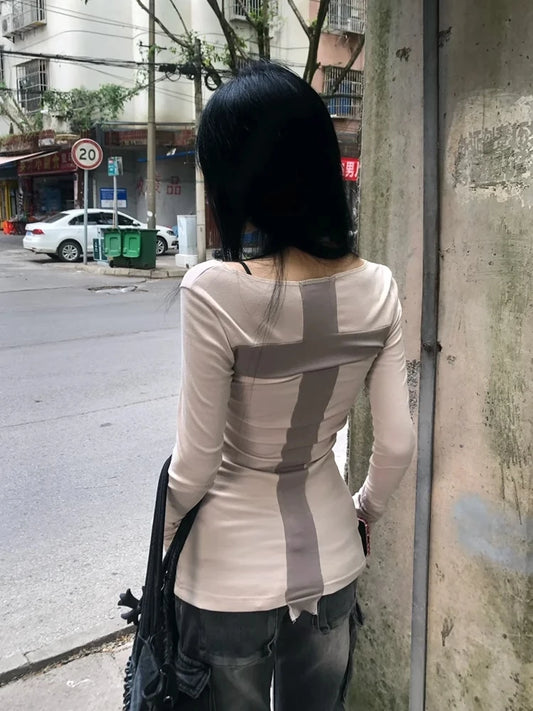 Chic Dollette Vintage T-shirt Patchwork Moulant Manches Longues Haut Streetwear Rétro Américain Années 90 T-shirts Automne Hiver