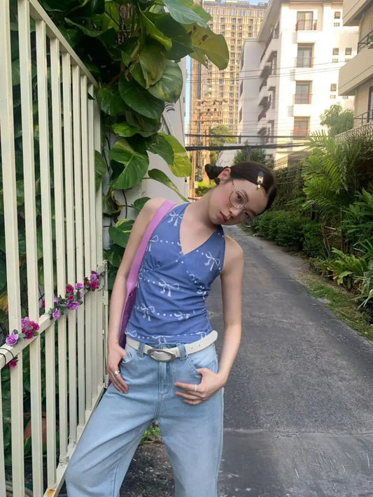 Débardeur Chic Dollette Vintage Imprimé Graphique Top Vintage sans Manches Streetwear Camisole Esthétique Années 2000 Été