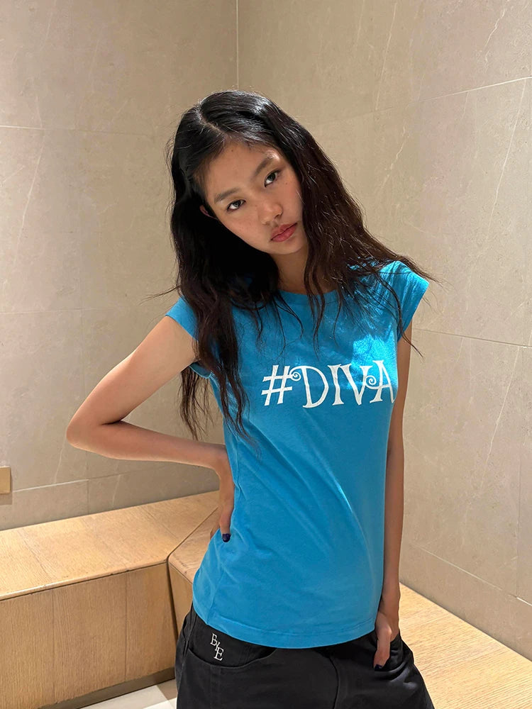 Chic Dollette Korean Style Print Letter T-shirt Women Slim Short Sleeve Tee Y2k Japanese Vintage Tops Streetwear Blue Tshirt E-girls