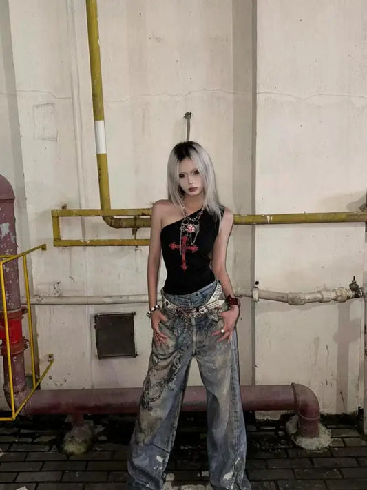 Chic Débardeur Dollette Hotsweet T-shirt graphique asymétrique imprimé Manches courtes Vêtements des années 2000 Vêtements féminins Gilet mode coréenne