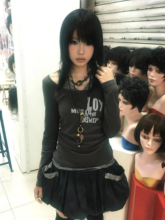 Chic Dollette T-shirt japonais Patchwork Faux deux pièces Top Streetwear Vintage Grunge Graphic Top Automne Rétro Américain