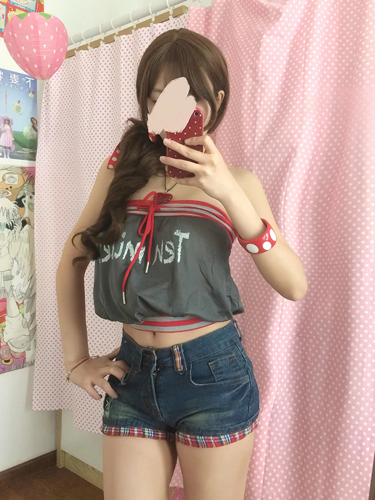 Chic Dollette Checkered Rolled Hem Denim Shorts Women Y2K Gyaru Rhinestone Stretchy Slim Low Waist Jean Shorts Vintage Streetwear