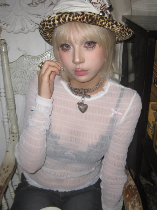 Chic Dollette Vintage Mash Top Haut court transparent Streetwear Slim Dentelle T-shirt blanc E-girls Esthétique japonaise