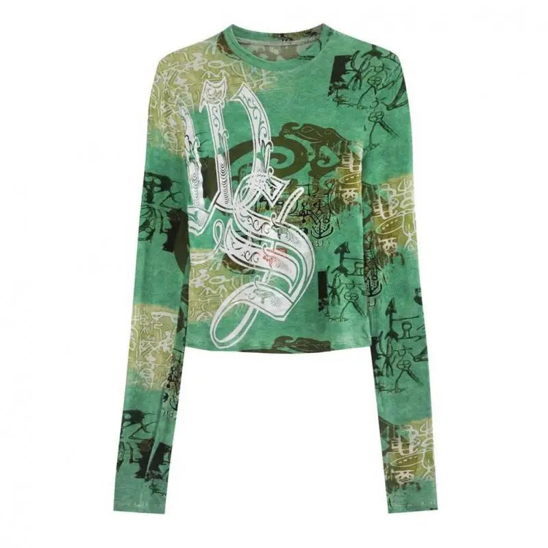 Chic Dollette Print T-Shirt Kleidung Langarm Grün Durchsichtig Grunge Ästhetik Slim Frühlingsoberteil Gothic T-Shirts Elegante T-Shirts