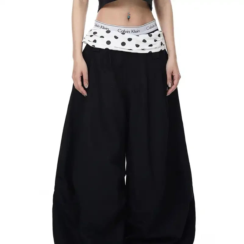 Chic Dollette Pink Polka Dot Spliced Trousers Female Clothing Wide Leg Summer High Waist Fashionable Zipper Folds Loose Casual Pants