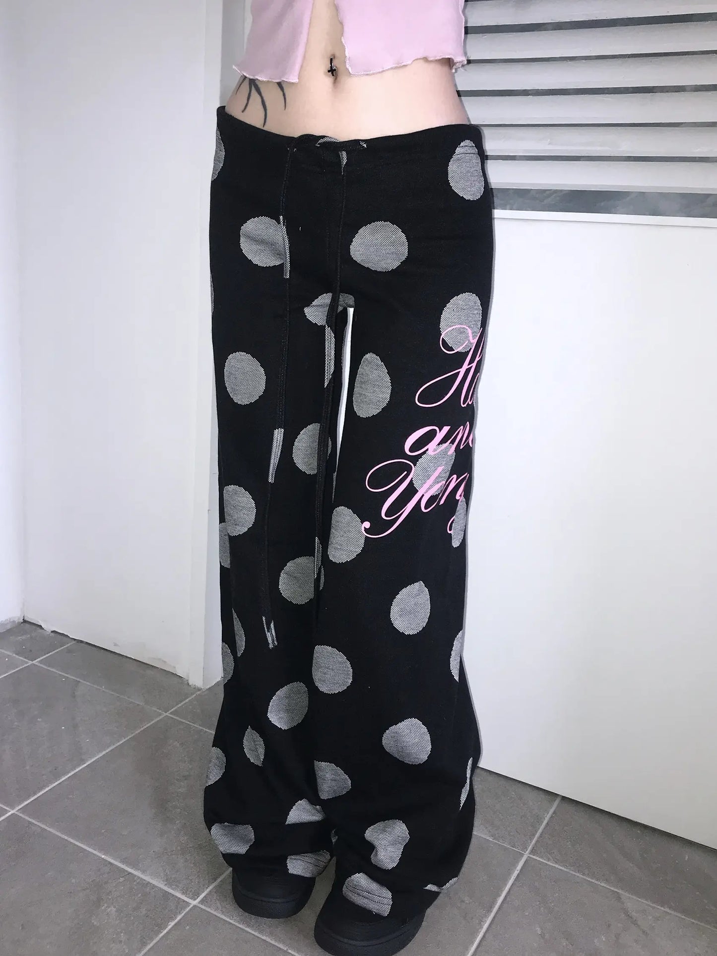 Chic Dollette 2026 new retro Y2K versatile polka dot letter drawstring wide leg pants casual and simple street trend niche fashion personality