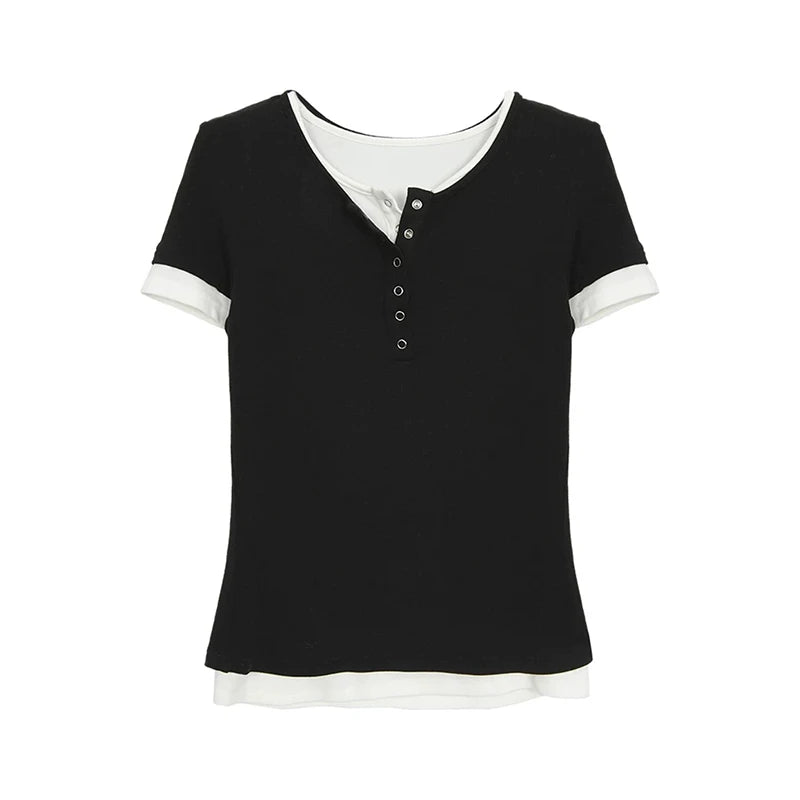 Chic Dollette Vintage T Shirt Patchwork Short Sleeve Crop Top 2000s Japanese T-shirts Grunge Top American Retro Tee Top