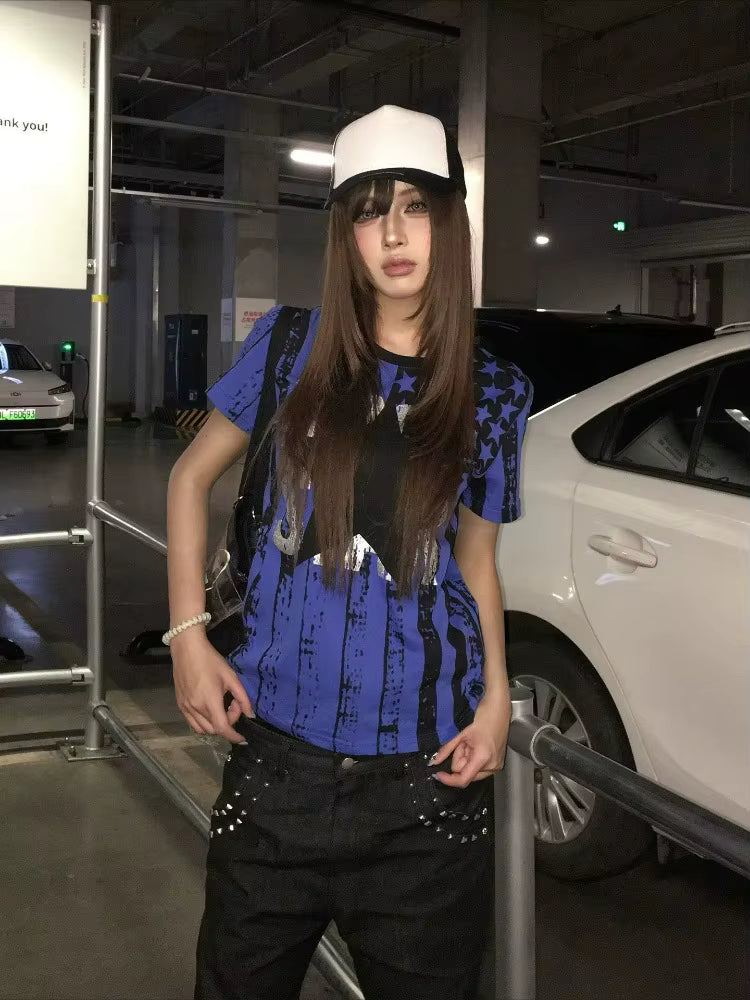 Chic Dollette T Shirts Women Star Printing Vintage Grunge Gothic Y2k Aesthetic Harajuku Tops Short Sleeve Ladies Casual Tee Shirt