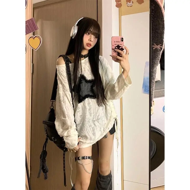 Schickes Dollette Hole Star Weites T-Shirt O-Ausschnitt Kordelzug Cut-Out T-Shirt Mode Streetwear Kpop Pullover Oberteil Damen T-Shirts 2025